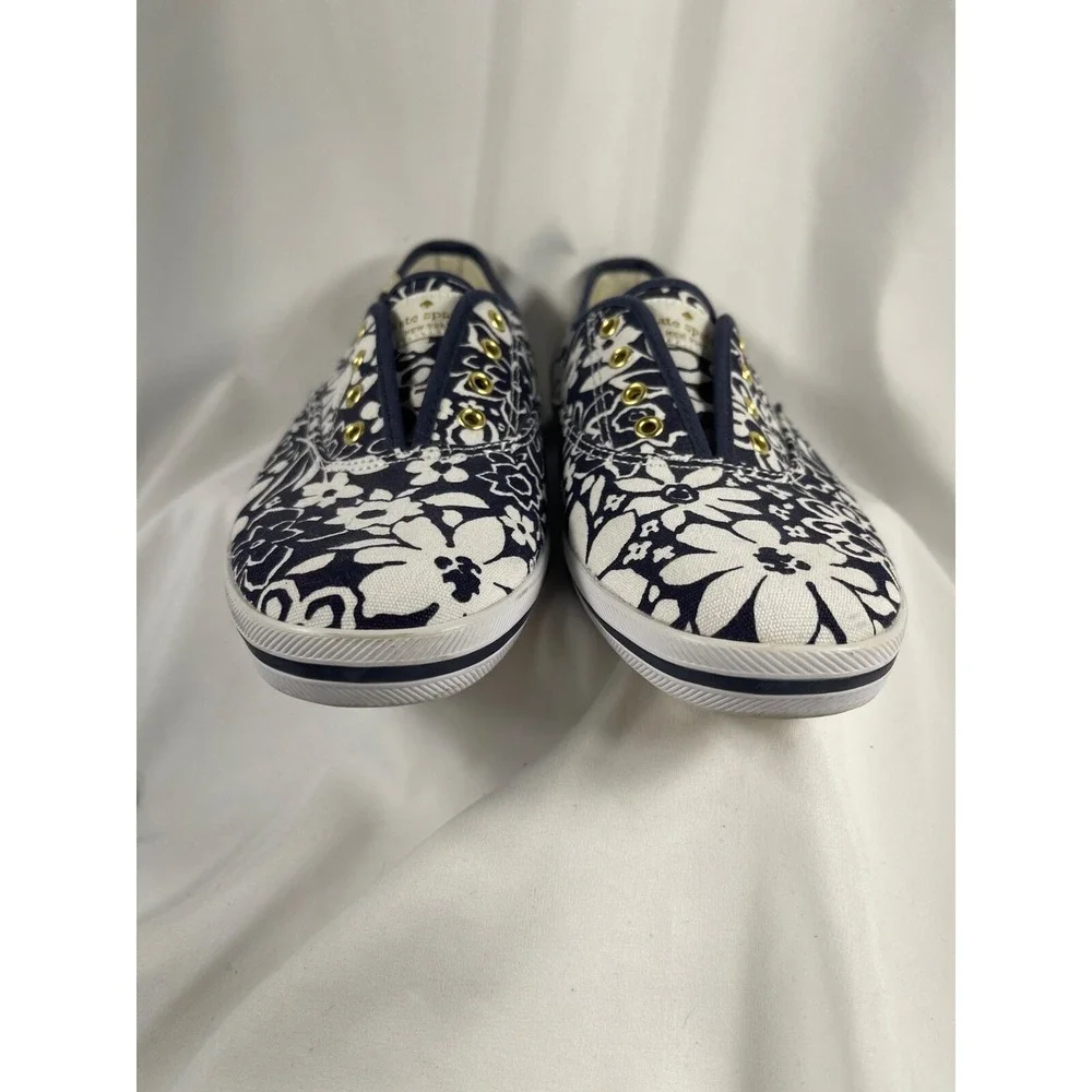 Kate Spade Women's SZ 8.5 Keds White Floral Navy Slip On Spring Summer Casual